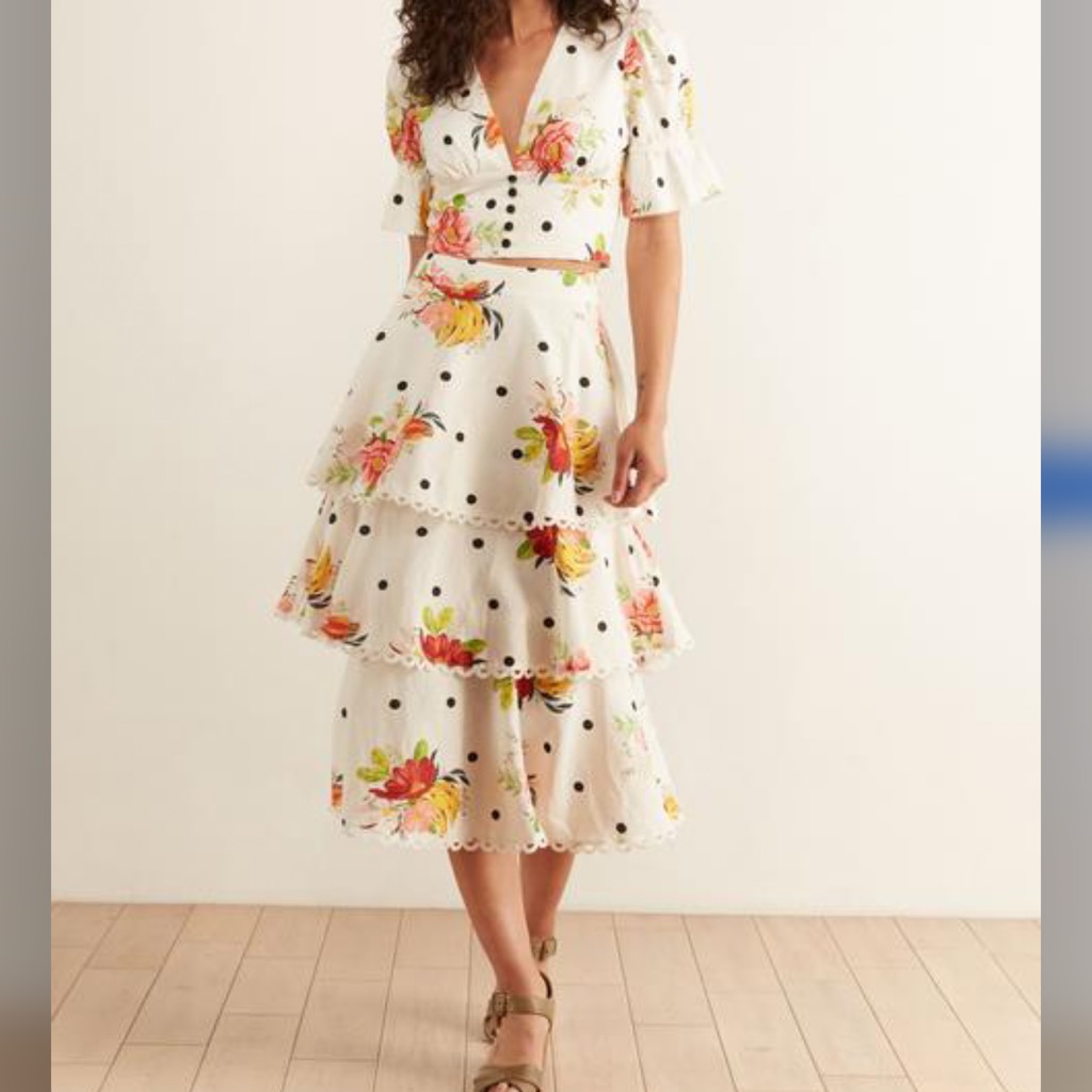 Farm Rio Nanaju Embroidered Trim Tiered Midi Skirt